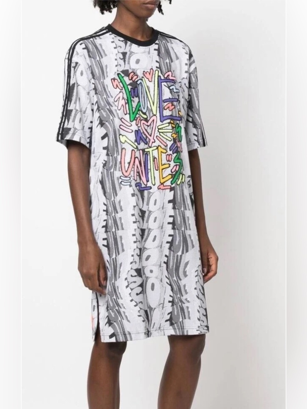 adidas Gray & Black Graphic Tee Dress with Multicolor Front Print